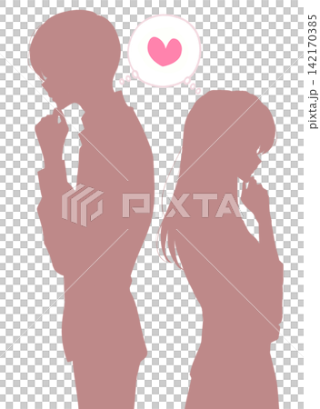 A man and a woman, back to back, contemplating love; silhouettes. A man and a woman, back to back, contemplating love; silhouettes. 142170385