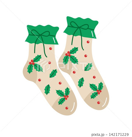 Cute Christmas socks with holly berry leaves hanging on clothesline vector illustration Cute Christmas socks with holly berry leaves hanging on clothesline vector illustration 142171229