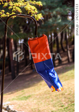 Colorful windsock hanging from a dark metal pole in a lush woodland area Colorful windsock hanging from a dark metal pole in a lush woodland area 142171313