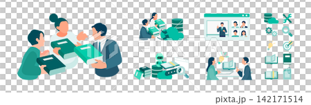 Conceptual illustration set for eliminating reliance on individual employees and knowledge management; internal AI search and data governance. Conceptual illustration set for eliminating reliance on individual employees and knowledge management; internal AI search and data governance. 142171514