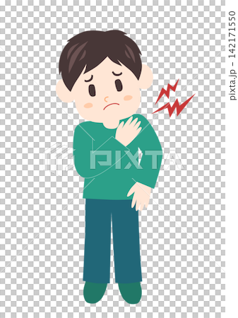 一名肩膀僵硬的男子將手放在肩膀上。 一名肩膀僵硬的男子將手放在肩膀上。 142171550