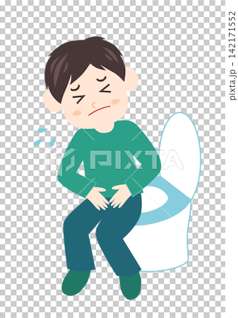 A man sitting on the toilet, clutching his stomach in pain. A man sitting on the toilet, clutching his stomach in pain. 142171552