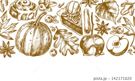 Vintage seamless Thanksgiving border. Sketch illustration of pumpkin, pie, and autumn leaves. Vintage seamless Thanksgiving border. Sketch illustration of pumpkin, pie, and autumn leaves. 142171820
