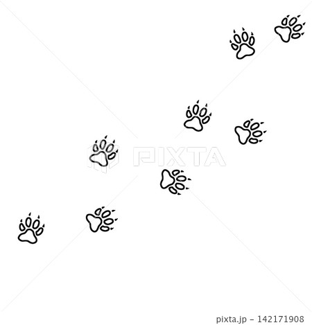 Paw prints outline, hand drawn animal footprints line art set, pet dog cat track marks. Simple trail pattern, wildlife nature symbol group isolated on white background. 142171908