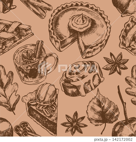 Vintage seamless Thanksgiving pattern. Sketch print of autumn sweets. 142172002
