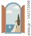 Mediterranean Window with Open Shutters and Coastal Sea View 142172098