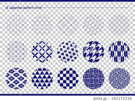 A set of circular Japanese patterns such as Seigaiha (wave pattern) and Asanoha (hemp leaf pattern) - Blue A set of circular Japanese patterns such as Seigaiha (wave pattern) and Asanoha (hemp leaf pattern) - Blue 142172338