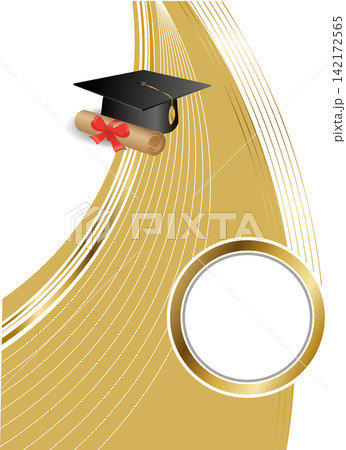 Graduation ceremony layout template with black mortarboard hat scroll diploma and golden waves for academic certificate design 142172565
