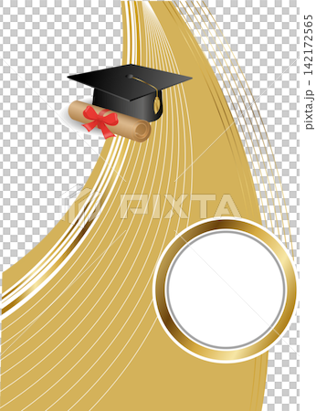 Graduation ceremony layout template with black mortarboard hat scroll diploma and golden waves for academic certificate design 142172565