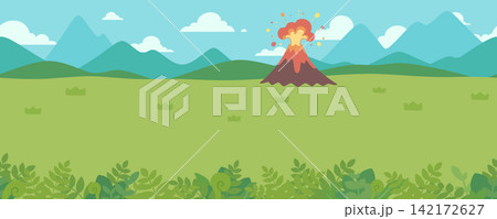 噴火する火山と草原と空の風景イラスト_横スクロールゲームの背景_シームレス 142172627