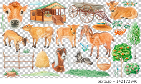 Watercolor farm bundle clip art set with cute jersey calf, nubian goat, wooden cabin, vintage cart and rustic fence. Isolated element hand drawn illustration for cottagecore country design. Watercolor farm bundle clip art set with cute jersey calf, nubian goat, wooden cabin, vintage cart and rustic fence. Isolated element hand drawn illustration for cottagecore country design. 142172940