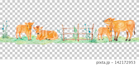 Watercolor farm seamless border with cute jersey cow, calves and rustic wooden fence on green grass. Hand drawn country cottagecore repeating horizontal ribbon banner for tape and design Watercolor farm seamless border with cute jersey cow, calves and rustic wooden fence on green grass. Hand drawn country cottagecore repeating horizontal ribbon banner for tape and design 142172953
