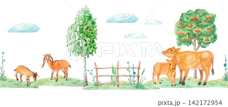 Watercolor farm seamless border with cute nubian goats, jersey cow, calves, apple tree and clouds. Hand drawn country cottagecore repeating horizontal ribbon banner for tape and design 142172954
