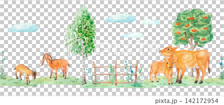 Watercolor farm seamless border with cute nubian goats, jersey cow, calves, apple tree and clouds. Hand drawn country cottagecore repeating horizontal ribbon banner for tape and design Watercolor farm seamless border with cute nubian goats, jersey cow, calves, apple tree and clouds. Hand drawn country cottagecore repeating horizontal ribbon banner for tape and design 142172954