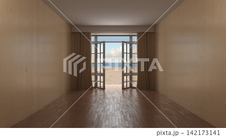 Empty Coastal Interior with Open French Doors and Ocean Beach View Empty Coastal Interior with Open French Doors and Ocean Beach View 142173141