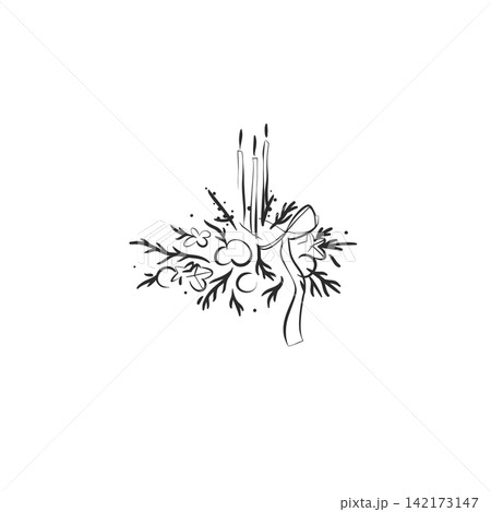 Christmas Candle Arrangement with Bow, Berries and Evergreen Branches, Cozy Festive Holiday Decoration, Hand Drawn Minimal Line Art Vector Illustration 142173147