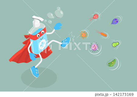 3D Isometric Flat Vector Illustration of Sanitizer, Superhero Battles Viruses And Bacteria With Bubbles 142173169
