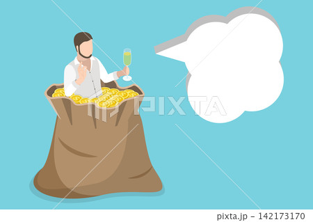 3D Isometric Flat Vector Illustration of Rich Man, Successful Businessman Swimming In Money Bag, Cocktail In Hand 142173170