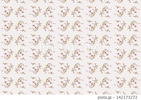 Botanical repeat pattern with toothed leaves and tulips, red tones Botanical repeat pattern with toothed leaves and tulips, red tones 142173272