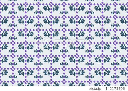 Seamless botanical pattern with slender leaves and star flowers in blue Seamless botanical pattern with slender leaves and star flowers in blue 142173306