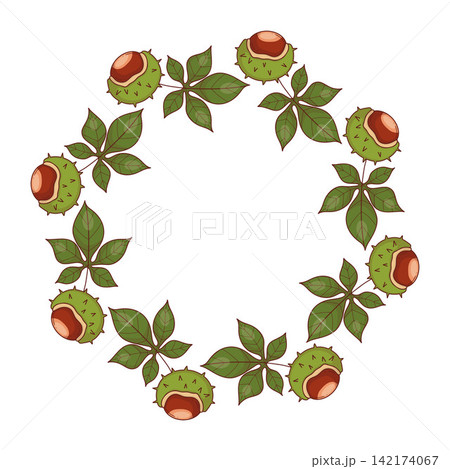 Autumn Chestnut Circle Wreath Frame. Botanical Leaves and Brown Nuts In Spiky Green Husks. Round Blank Background Template for Postcard, Text Space. Colored Hand Drawn Doodle. Vector Illustration. 142174067
