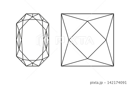 Diamond Princess, Radiant cut shapes. Design simple diagrams. Set of Brilliant Phoenix Radiant, Princess square cut patterns. Gemstone outline icon for jewellery design, branding, packaging, logotype. 142174091