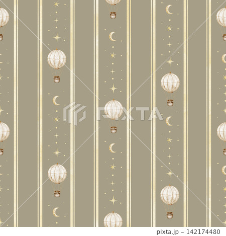 Hot air balloon seamless watercolor pattern on beige background. Striped repeat with aircraft and crescent moon for fabric, nursery wallpaper and wrapping paper. Baby backdrop with aerostats. Hot air balloon seamless watercolor pattern on beige background. Striped repeat with aircraft and crescent moon for fabric, nursery wallpaper and wrapping paper. Baby backdrop with aerostats. 142174480