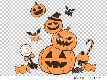 Illustration of stacked pumpkins and sweets Illustration of stacked pumpkins and sweets 142174565