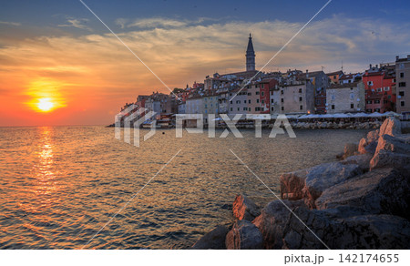 Rovinj Croatia Coastal Old Town at Sunset Over Adriatic Sea 142174655