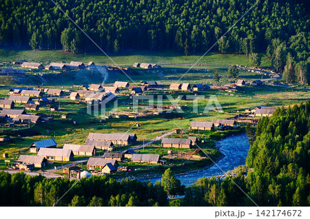 Rural Village by Mountain River in Lush Forest Landscape 142174672