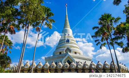 White Buddhist Stupa Temple with Palm Trees and Blue Sky White Buddhist Stupa Temple with Palm Trees and Blue Sky 142174675