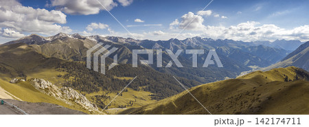 Panoramic Mountain Landscape with Alpine Valley and Cloudy Sky Panoramic Mountain Landscape with Alpine Valley and Cloudy Sky 142174711