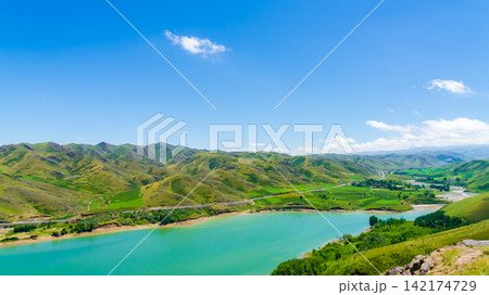 Mountain Lake Landscape with Green Hills and Blue Sky Mountain Lake Landscape with Green Hills and Blue Sky 142174729