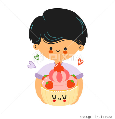 Boy holding a smiling cupcake character 142174988