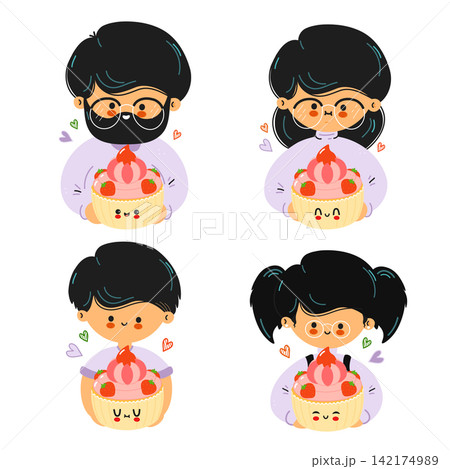 Set of cute people holding smiling cupcake characters Set of cute people holding smiling cupcake characters 142174989