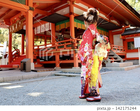 七五三の7歳の女の子が、華やかな着物姿で神社本殿を見つめる全身の後ろ姿|日本文化・観光・子供の成長 七五三の7歳の女の子が、華やかな着物姿で神社本殿を見つめる全身の後ろ姿|日本文化・観光・子供の成長 142175244