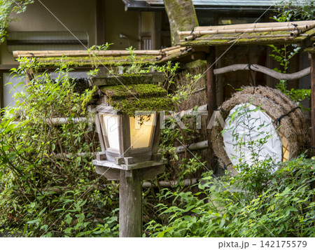 苔が生えた木製の灯籠 142175579