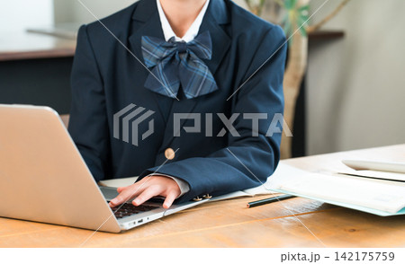 家でパソコンを使って勉強,宿題,リビング学習する中学生,高校生,小学生,生徒の女の子 家でパソコンを使って勉強,宿題,リビング学習する中学生,高校生,小学生,生徒の女の子 142175759