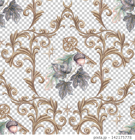 Golden heraldic ornament with acorn and antique key seamless pattern. Hand drawn watercolor gold baroque ornate motif. Vintage graphic for decorative design. Medieval repeat for fabric or wallpaper. 142175778