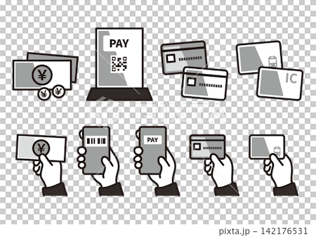 A set of monochrome illustrations on payment methods and cashless payment. A set of monochrome illustrations on payment methods and cashless payment. 142176531