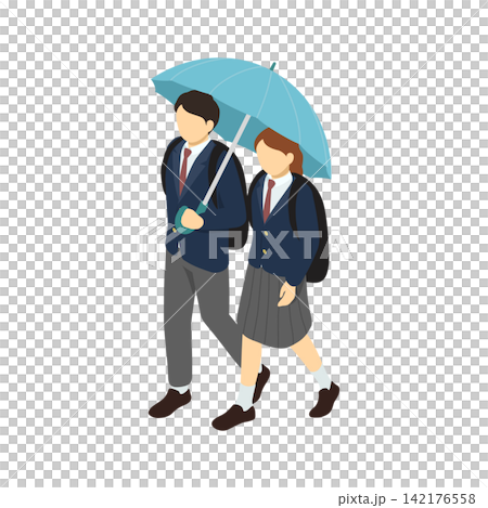 Isometric illustration: A high school couple walking with an umbrella. Isometric illustration: A high school couple walking with an umbrella. 142176558