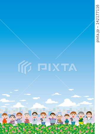 背景素材<介護関係者・医療関係者のフレーム・楽しい・喜ぶ・晴天・街のビル群・縦位置> 背景素材<介護関係者・医療関係者のフレーム・楽しい・喜ぶ・晴天・街のビル群・縦位置> 142177116