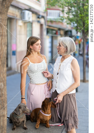 Elderly woman standing outside with her granddaughter outside, they walking their dogs 142177150
