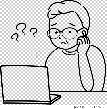 PC操作に悩む高齢男性(線画) 142177637