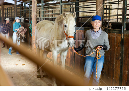 Mature woman jockey leading her white corse out of stable Mature woman jockey leading her white corse out of stable 142177726