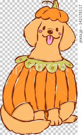 Cute Halloween Dog Golden Retriever in pumpkin Costume Cartoon Hand Drawn Illustration Cute Halloween Dog Golden Retriever in pumpkin Costume Cartoon Hand Drawn Illustration 142178117