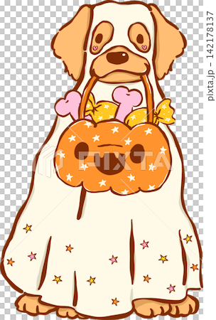 Cute Halloween Dog Golden Retriever Ghost Cartoon Hand Drawn Illustration, Puppy with Candy Pumpkin Basket in mouth Cute Halloween Dog Golden Retriever Ghost Cartoon Hand Drawn Illustration, Puppy with Candy Pumpkin Basket in mouth 142178137