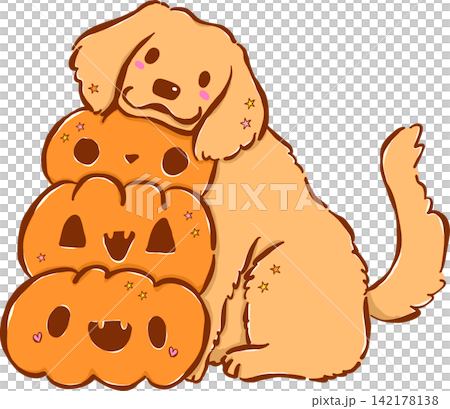 Cute Halloween Dog Golden Retriever Cartoon Hand Drawn Illustration, Autumn Puppy with Stack of Pumpkin Cute Halloween Dog Golden Retriever Cartoon Hand Drawn Illustration, Autumn Puppy with Stack of Pumpkin 142178138