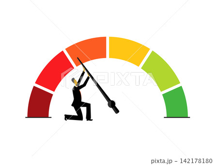 businessman pushing credit score meter needle to improve rating status 142178180
