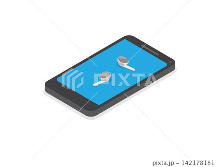isometric illustration of wireless earphones on smartphone display screen 142178181